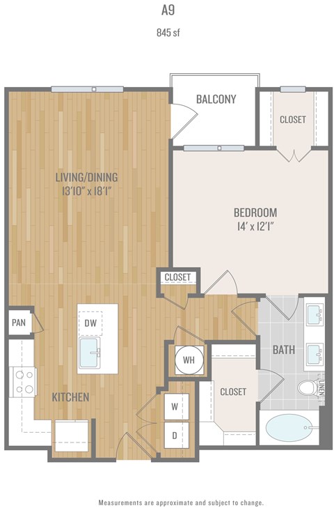 Floor plan for 1 bed, 1 bath, 857 sqft